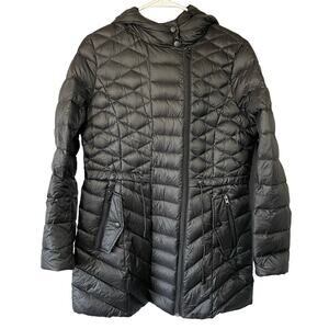 Halogen Black Puffer Coat M Hooded Down Filled Faux Pocket Waist Cinch Full Zip